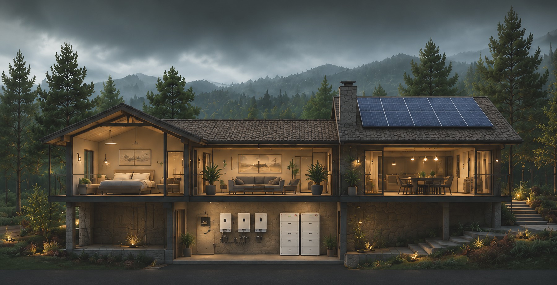 Corte de una casa en el bosque de Valle de Bravo con paneles solares en el techo y el banco de baterías e inversor en el cuarto de equipos